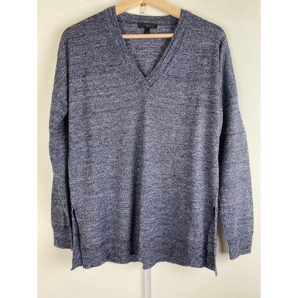 J.Crew Merino Linen Double V Neck Knit Top Sweater Blue Relaxed Small